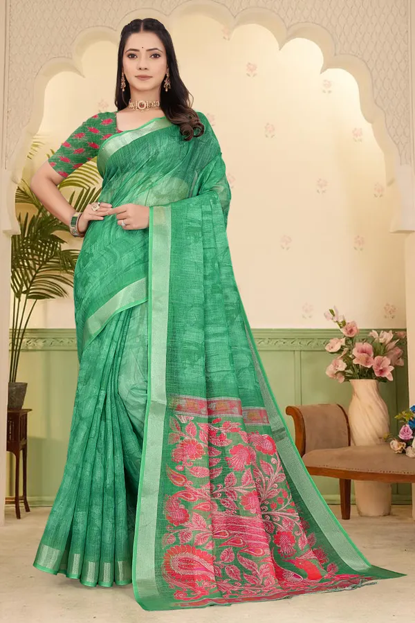 Green_Cotton_Linen_Digital_Print_Saree_For_Women