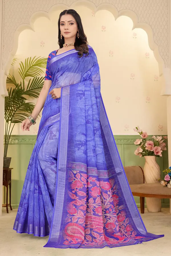 Blue_Cotton_Linen_Digital_Print_Saree_For_Women