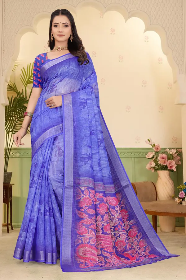 Blue_Cotton_Linen_Digital_Print_Saree_For_Women