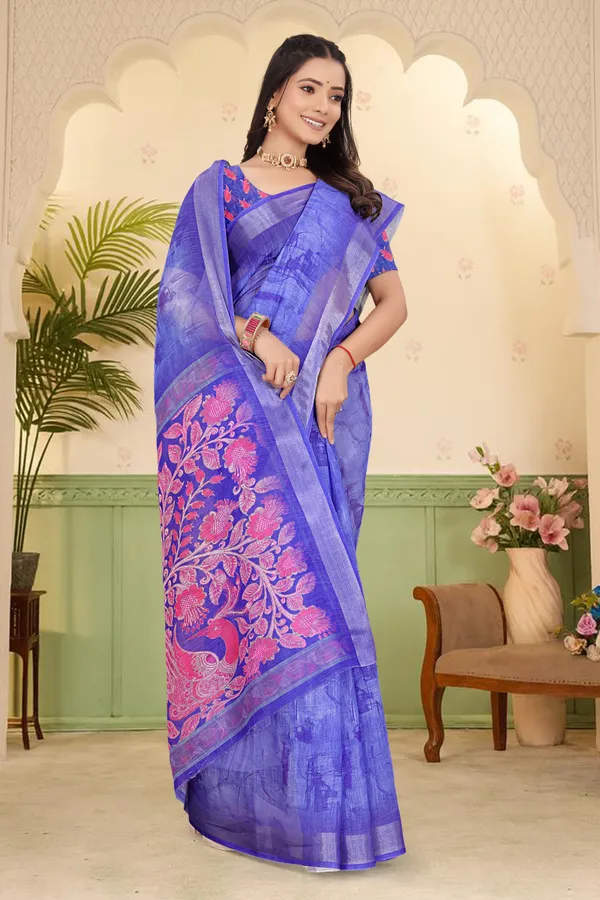 Blue_Cotton_Linen_Digital_Print_Saree_For_Women