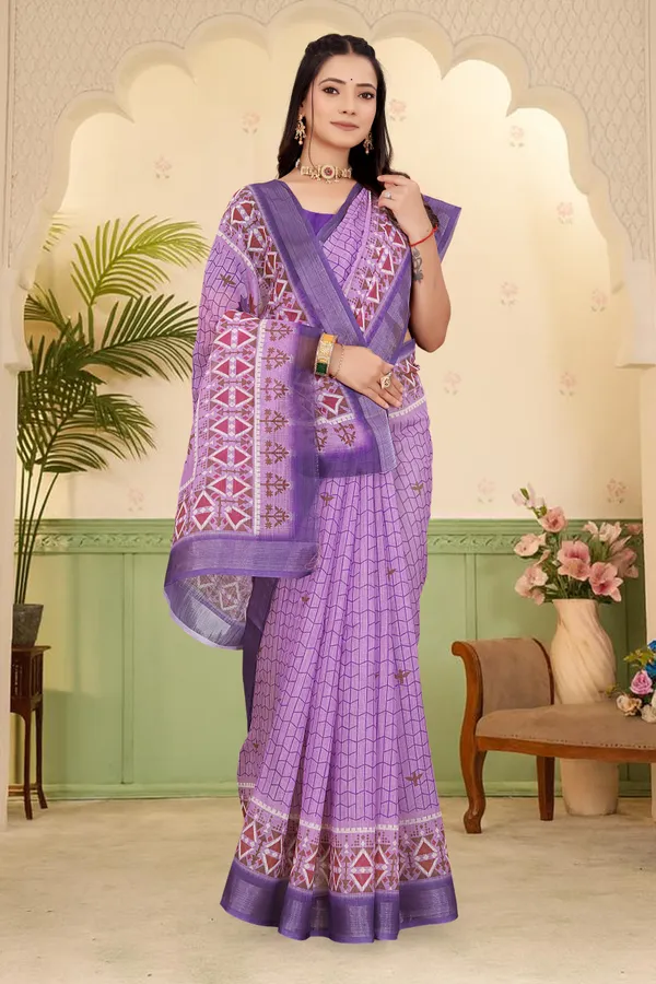 Light_Blue_Cotton_Linen_Digital_Print_Saree_For_Women