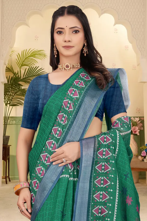 Dark_Green_Cotton_Linen_Digital_Print_Saree_For_Women