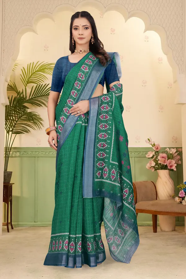 Dark_Green_Cotton_Linen_Digital_Print_Saree_For_Women