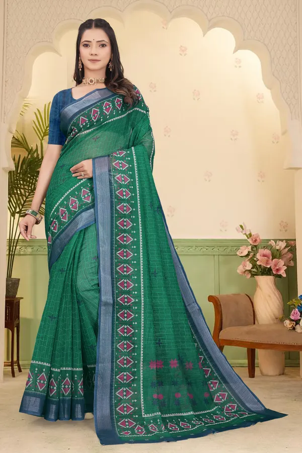 Dark_Green_Cotton_Linen_Digital_Print_Saree_For_Women