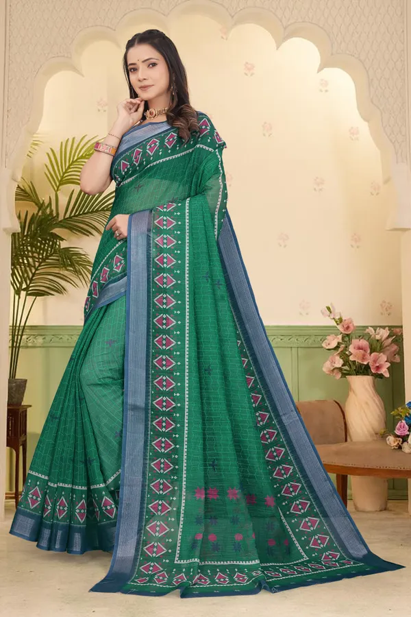 Dark_Green_Cotton_Linen_Digital_Print_Saree_For_Women