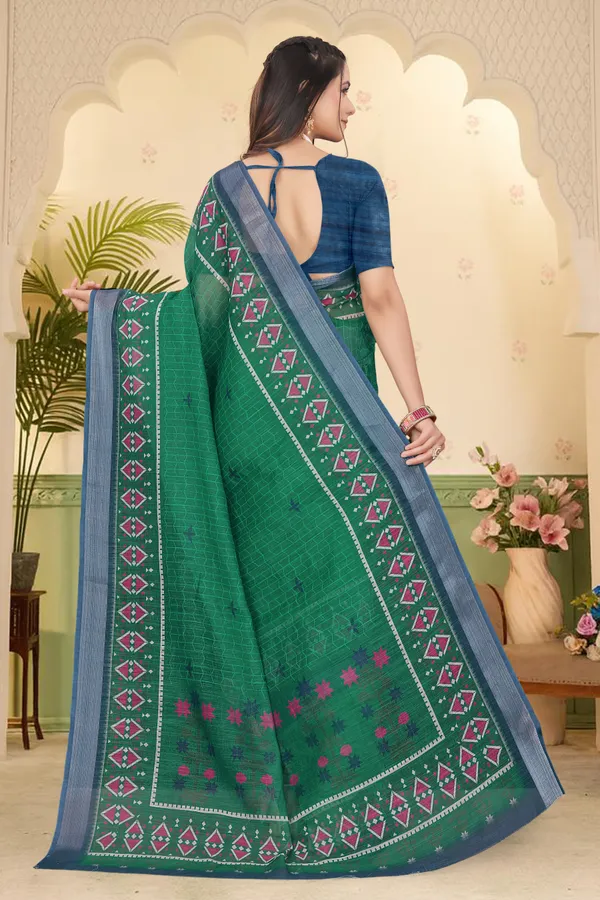 Dark_Green_Cotton_Linen_Digital_Print_Saree_For_Women