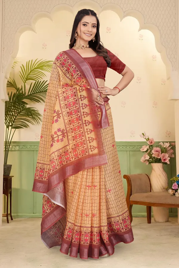 Orange_Cotton_Linen_Digital_Print_Saree_For_Women