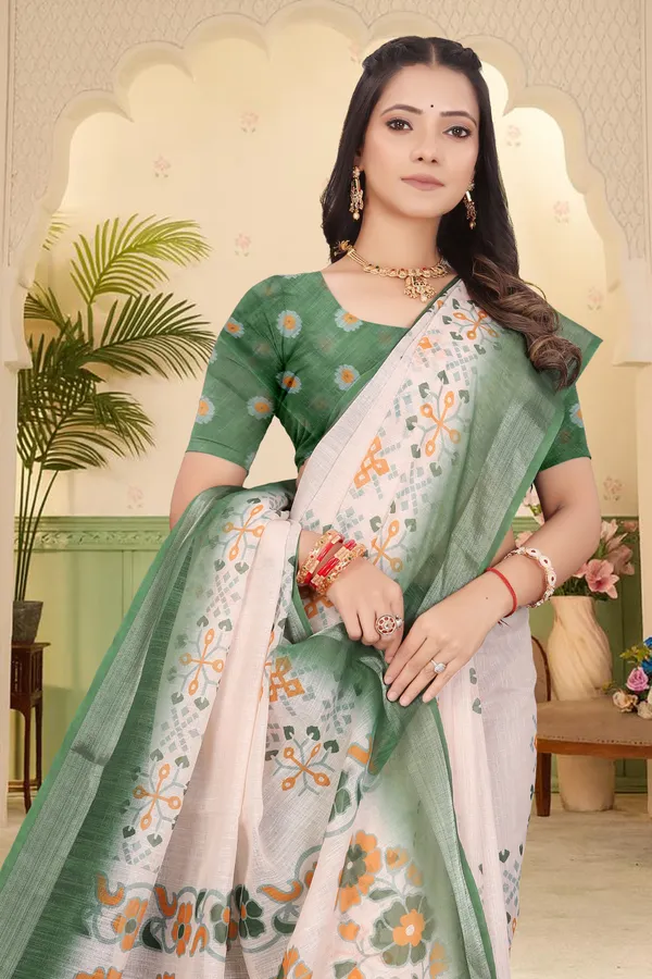 Green_Cotton_Linen_Digital_Print_Saree_For_Women
