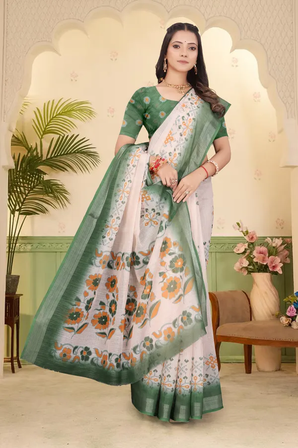 Green_Cotton_Linen_Digital_Print_Saree_For_Women