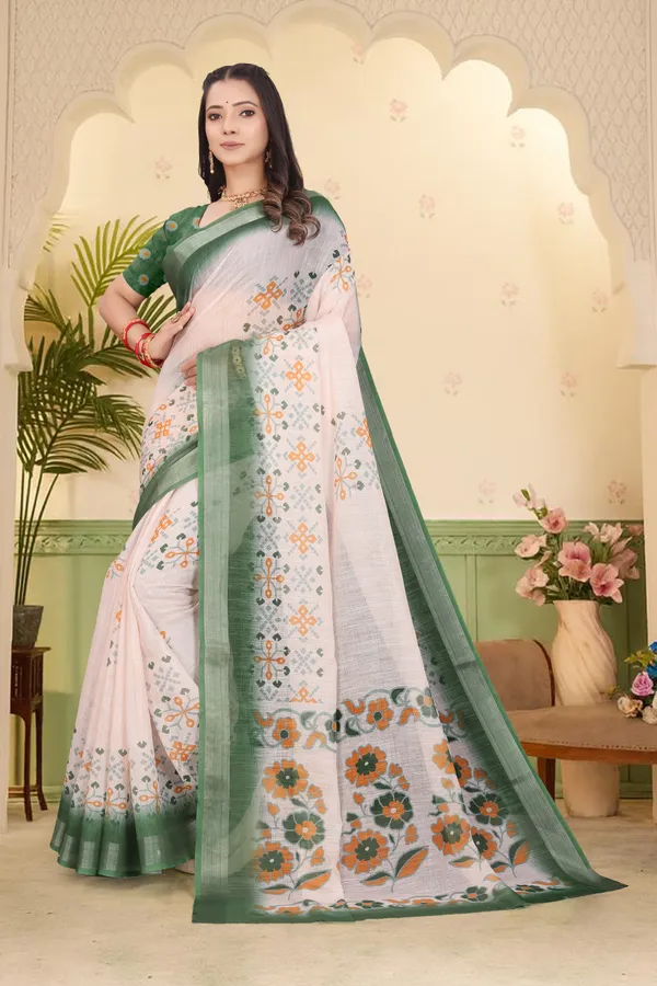 Green_Cotton_Linen_Digital_Print_Saree_For_Women