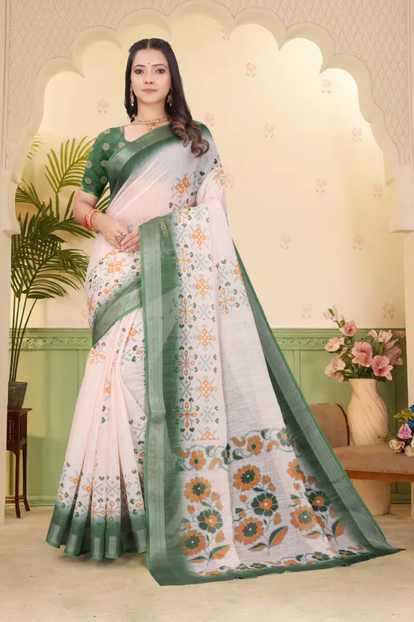 Green_Cotton_Linen_Digital_Print_Saree_For_Women