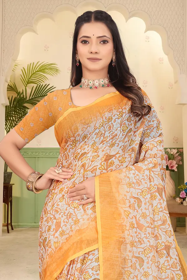 Yellow_Cotton_Linen_Digital_Print_Saree_For_Women