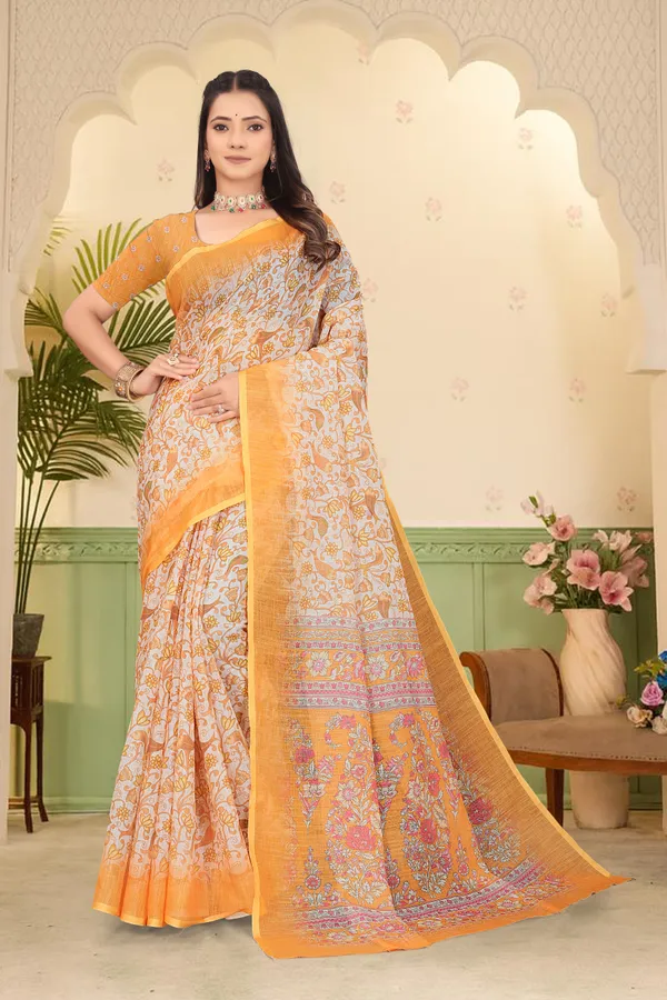 Yellow_Cotton_Linen_Digital_Print_Saree_For_Women