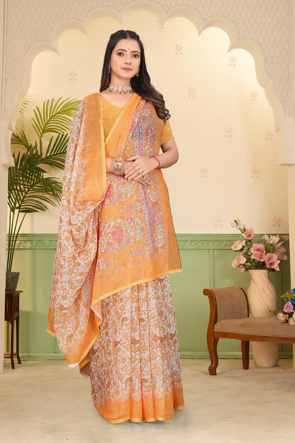 Yellow_Cotton_Linen_Digital_Print_Saree_For_Women