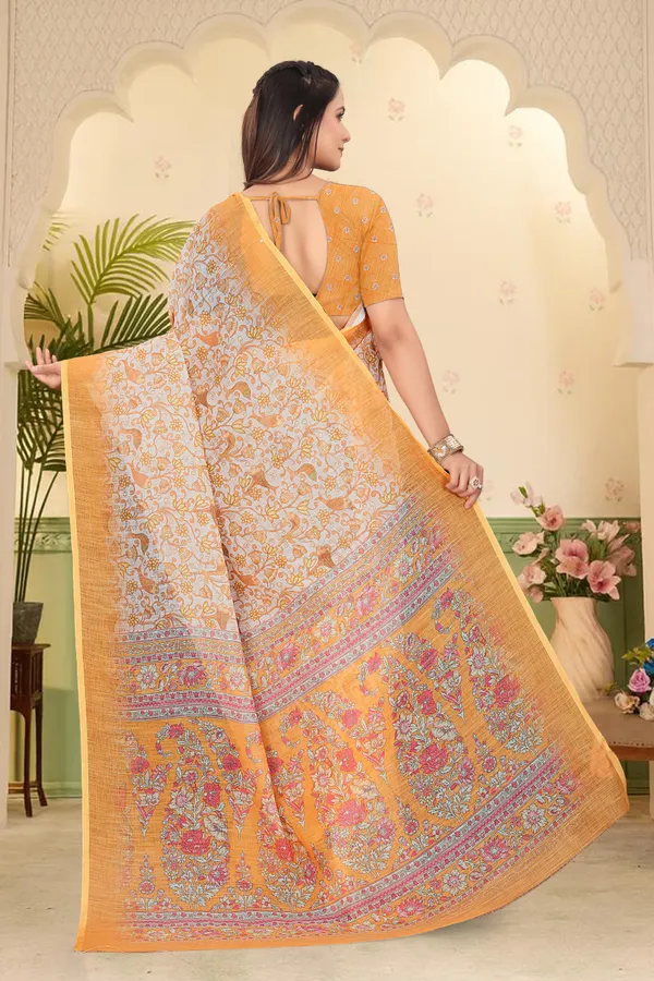 Yellow_Cotton_Linen_Digital_Print_Saree_For_Women
