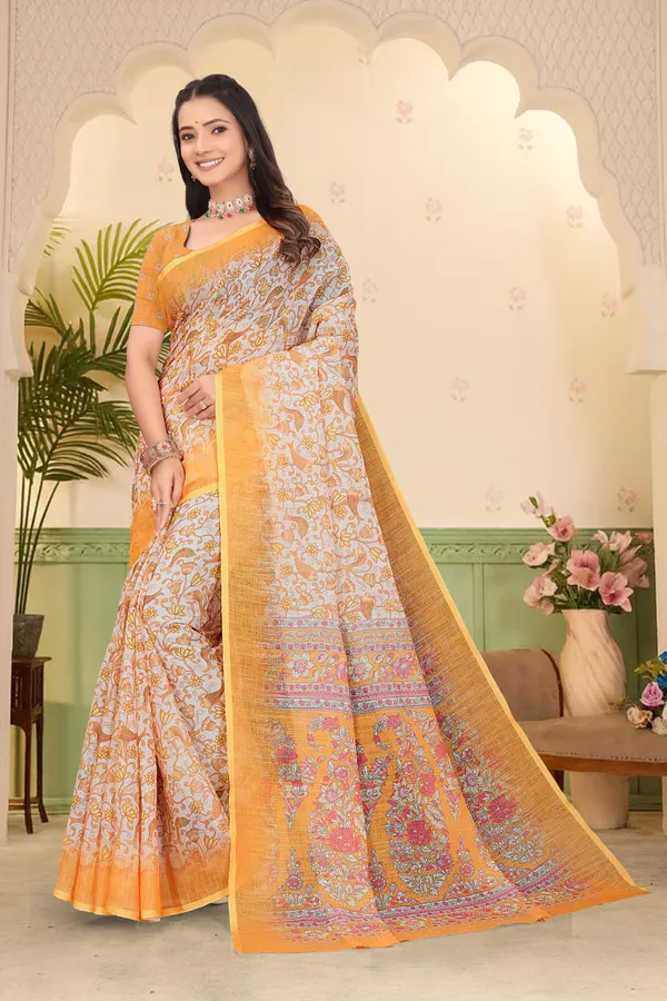 Yellow_Cotton_Linen_Digital_Print_Saree_For_Women