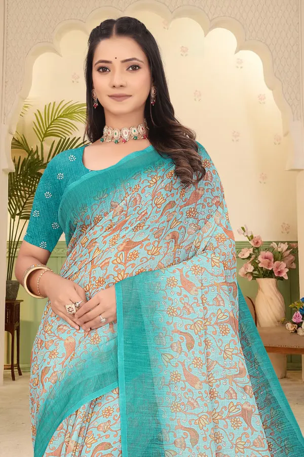 Dark_Green_Cotton_Linen_Digital_Print_Saree_For_Women