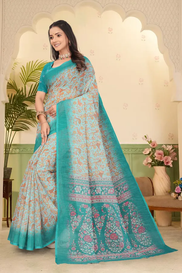 Dark_Green_Cotton_Linen_Digital_Print_Saree_For_Women