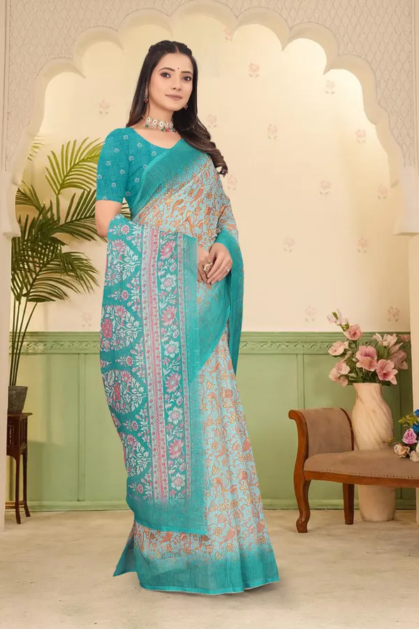 Dark_Green_Cotton_Linen_Digital_Print_Saree_For_Women