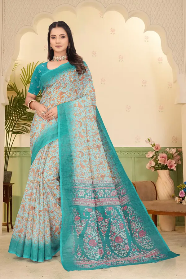 Dark_Green_Cotton_Linen_Digital_Print_Saree_For_Women