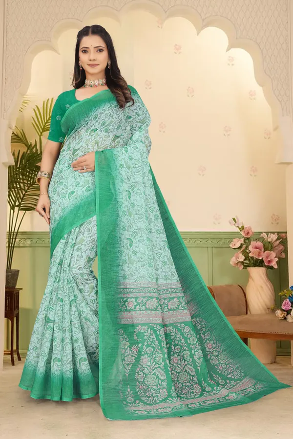 Green_Cotton_Linen_Digital_Print_Saree_For_Women