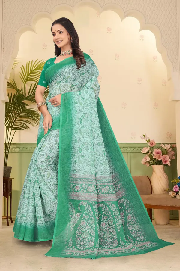 Green_Cotton_Linen_Digital_Print_Saree_For_Women