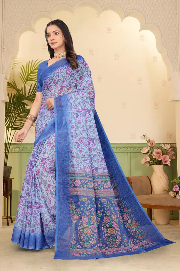 Blue_Cotton_Linen_Digital_Print_Saree_For_Women