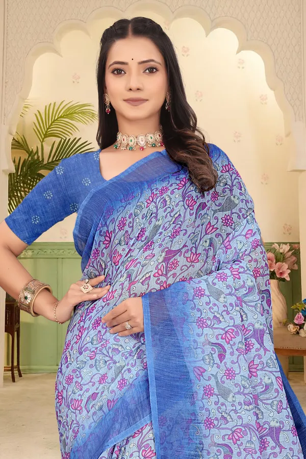 Blue_Cotton_Linen_Digital_Print_Saree_For_Women