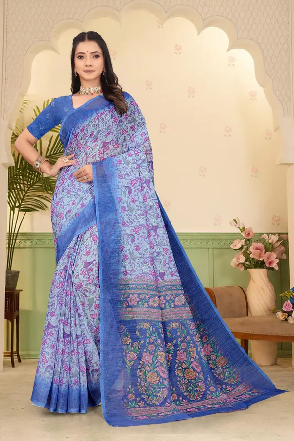 Blue_Cotton_Linen_Digital_Print_Saree_For_Women