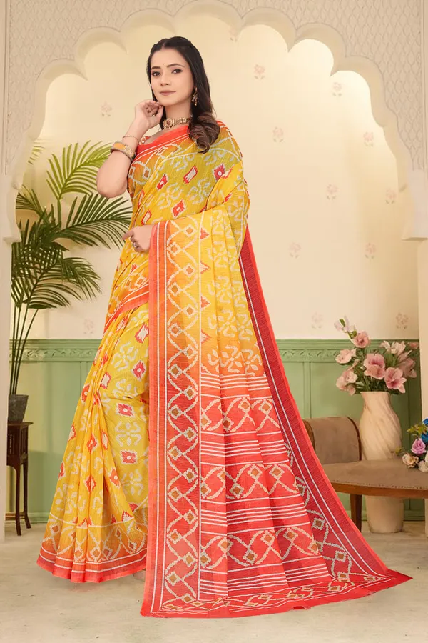 Yellow_Cotton_Linen_Digital_Print_Saree_For_Women