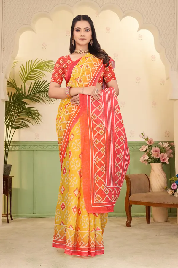 Yellow_Cotton_Linen_Digital_Print_Saree_For_Women