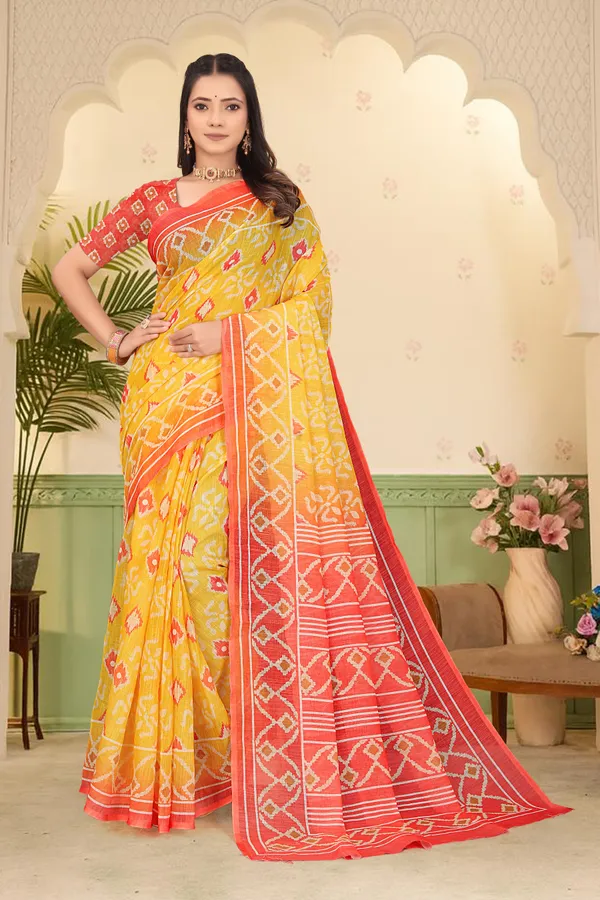 Yellow_Cotton_Linen_Digital_Print_Saree_For_Women