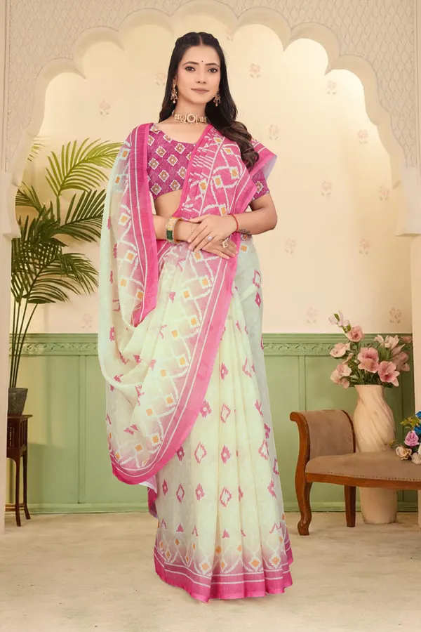 White_Cotton_Linen_Digital_Print_Saree_For_Women
