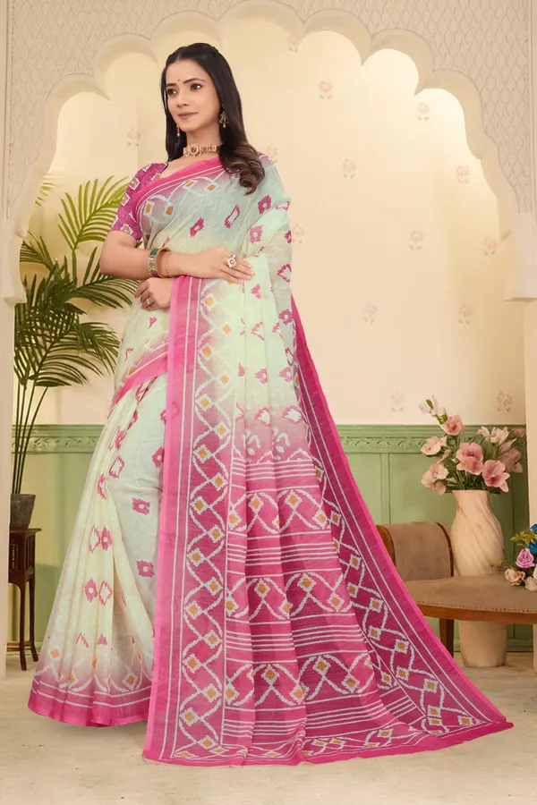 White_Cotton_Linen_Digital_Print_Saree_For_Women