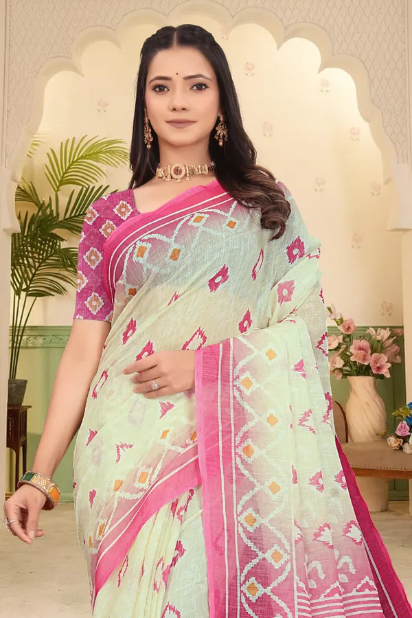 White_Cotton_Linen_Digital_Print_Saree_For_Women