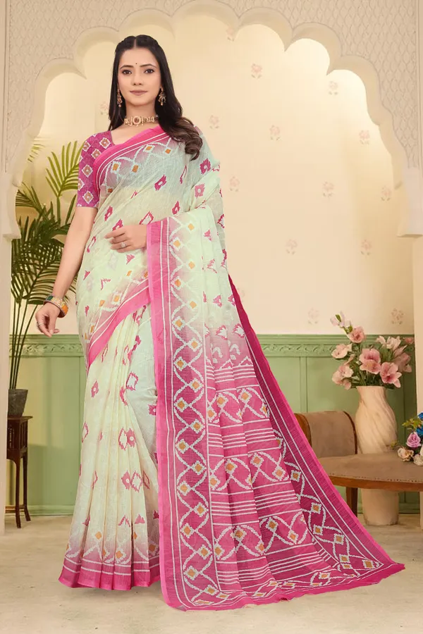 White_Cotton_Linen_Digital_Print_Saree_For_Women