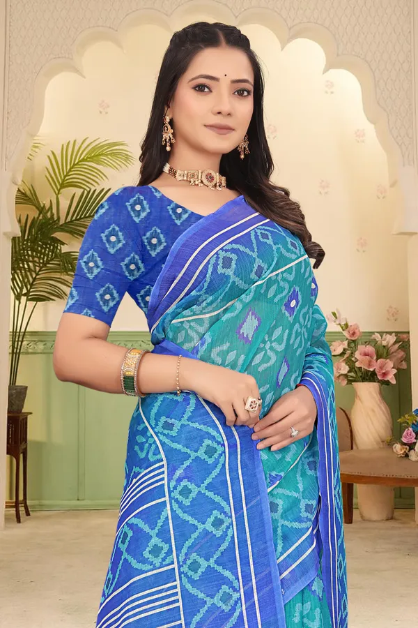 Blue_Cotton_Linen_Digital_Print_Saree_For_Women