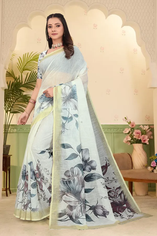 Yellow_Cotton_Linen_Digital_Print_Saree_For_Women