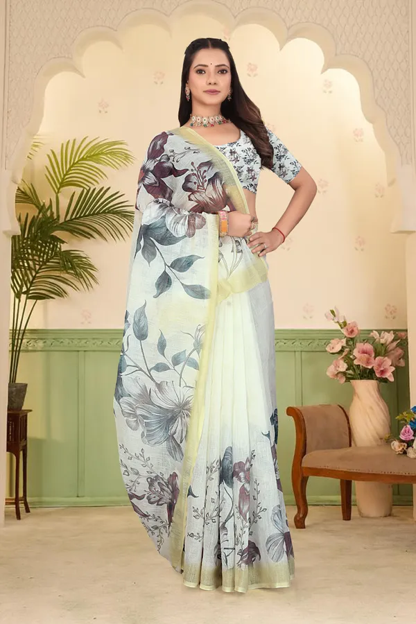 Yellow_Cotton_Linen_Digital_Print_Saree_For_Women