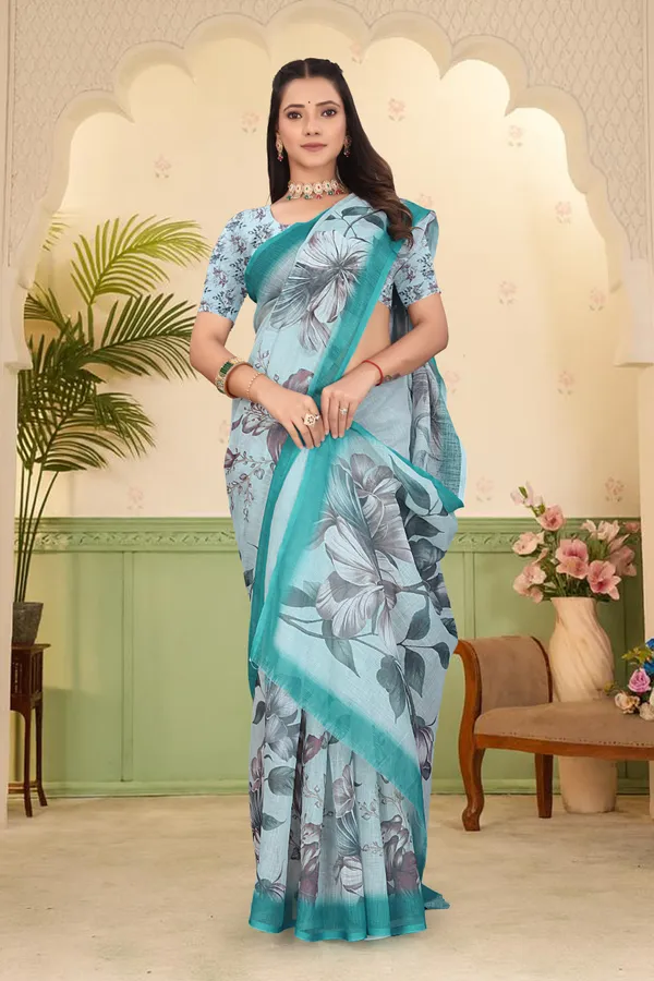 Dark_Green_Cotton_Linen_Digital_Print_Saree_For_Women