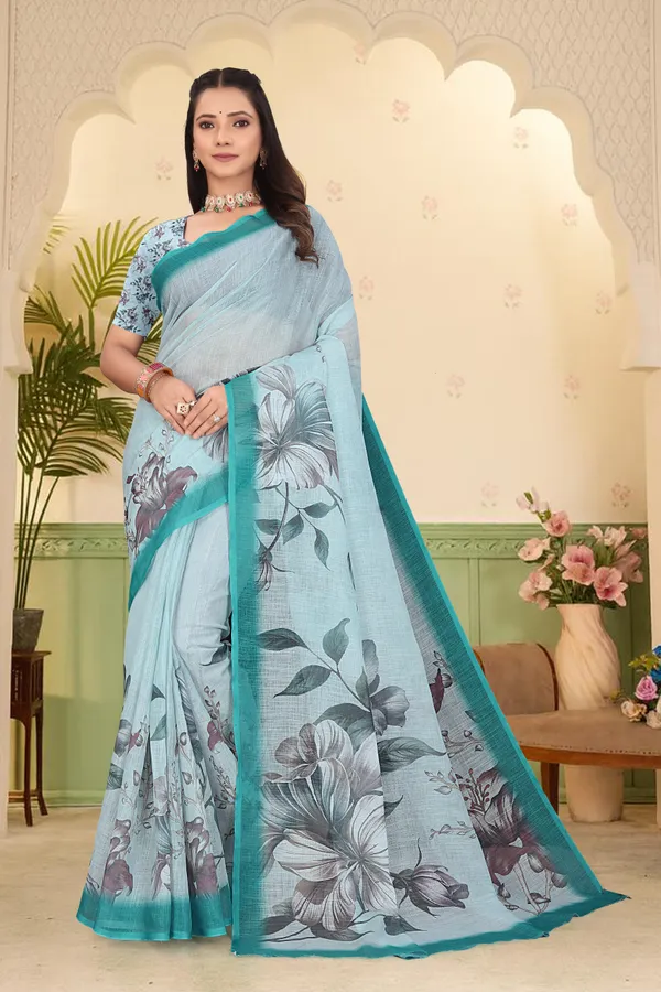 Dark_Green_Cotton_Linen_Digital_Print_Saree_For_Women
