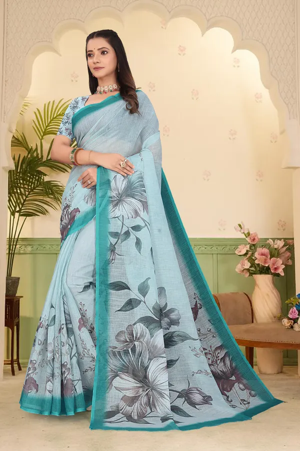 Dark_Green_Cotton_Linen_Digital_Print_Saree_For_Women