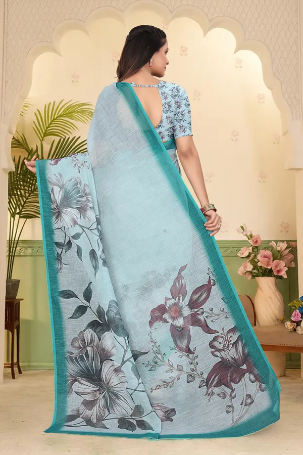 Dark_Green_Cotton_Linen_Digital_Print_Saree_For_Women