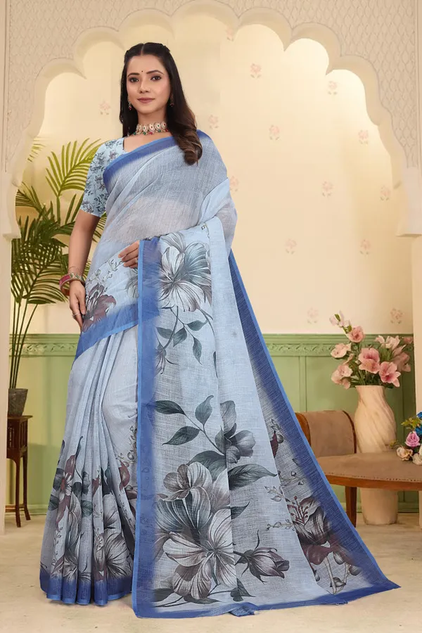 Blue_Cotton_Linen_Digital_Print_Saree_For_Women