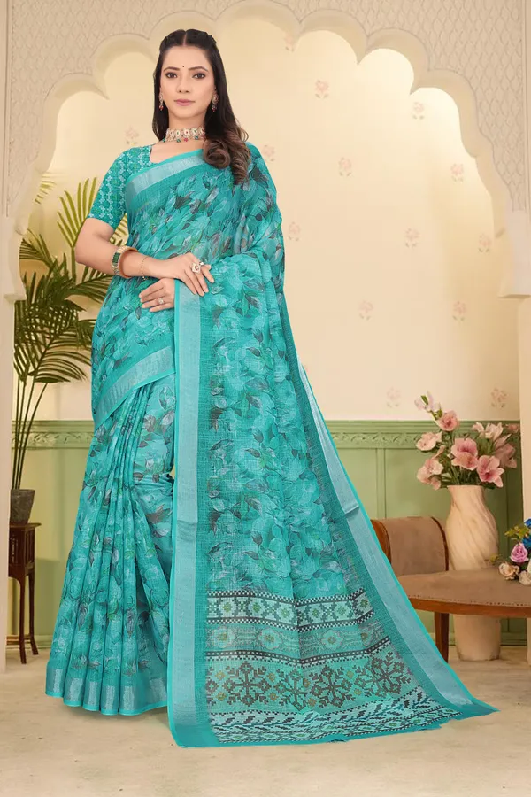 Dark_Green_Cotton_Linen_Digital_Print_Saree_For_Women