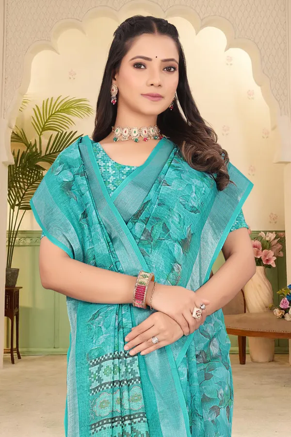 Dark_Green_Cotton_Linen_Digital_Print_Saree_For_Women