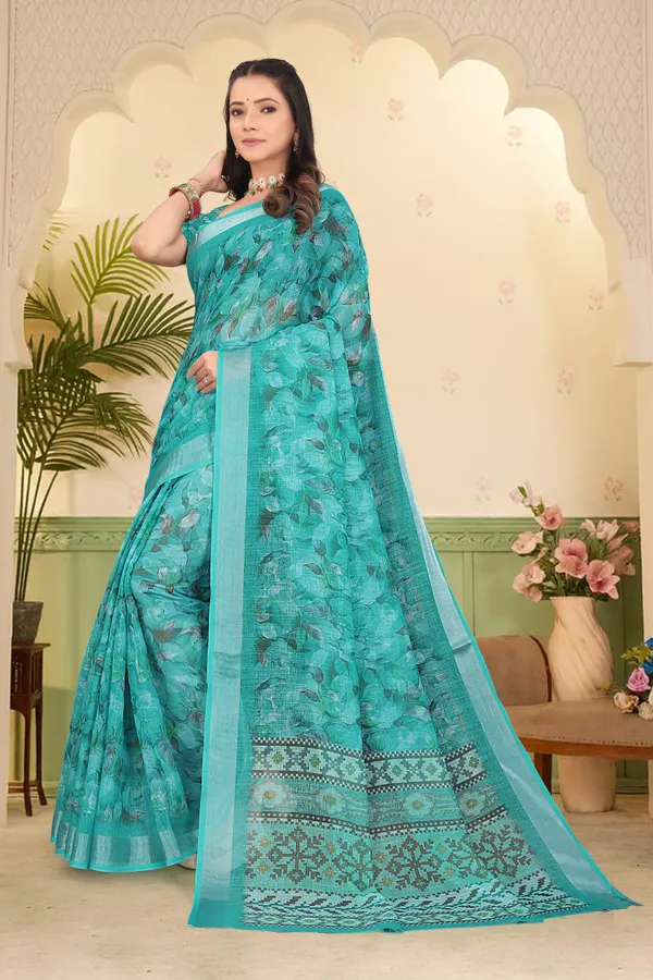 Dark_Green_Cotton_Linen_Digital_Print_Saree_For_Women