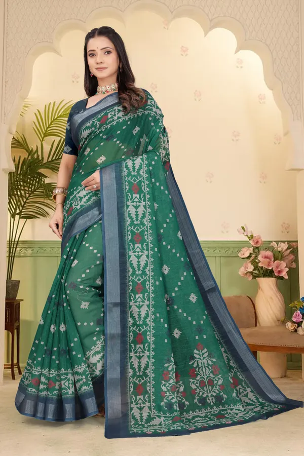 Dark_Green_Cotton_Linen_Digital_Print_Saree_For_Women