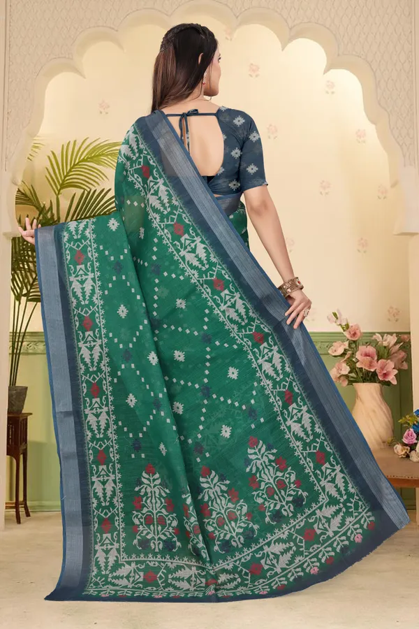 Dark_Green_Cotton_Linen_Digital_Print_Saree_For_Women