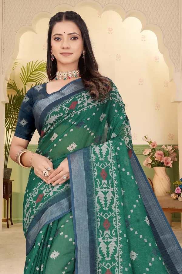 Dark_Green_Cotton_Linen_Digital_Print_Saree_For_Women